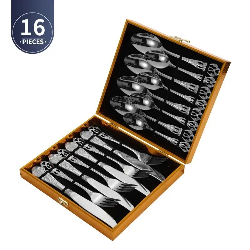 4pcs Gold Stainless Steel Cutlery Set Royal European Spoon Fork And Steak Knife Retro Hollow Design Dinnerware Luxury Tableware