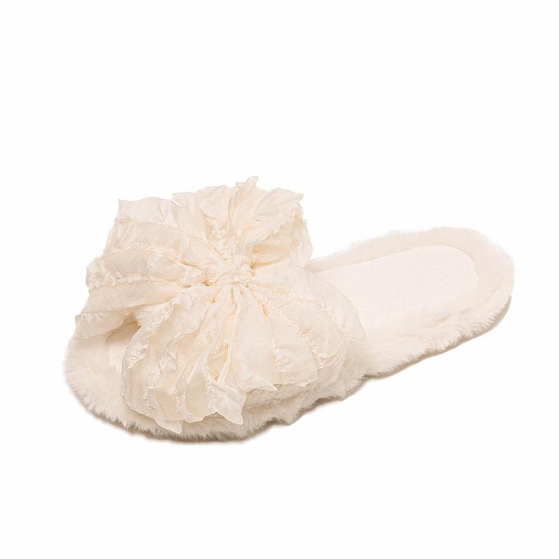 

Fashion Bow Plush Slippers Winter Fashion Round Toe Open Toe Soft Sole Non-slip Wear-resistant Flats 36 белый