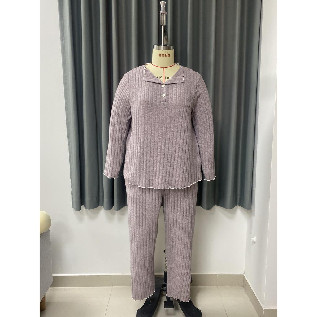 Pijama para Mujer Talla Grande Otoño/Invierno Conjunto Casual de Ropa para el Hogar Pantalones de Manga Larga Conjunto de Dos Piezas
