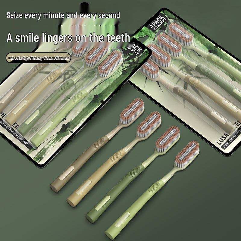 [LR] 4-Piece Forest-Style Soft Bristle Manual Toothbrush Set with Multi-Hole Brush Heads, Extended & Widened for Family Use