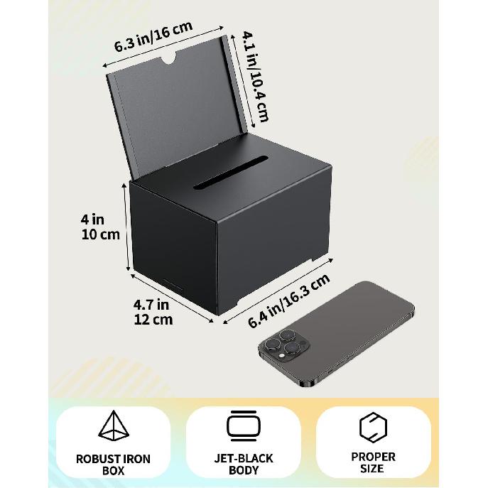 Uniclife Metal Donation Box for Fundraising, Suggestion Box with Slot and Lock, Black Ballot Boxes with Sign Holder, Storage Container for Voting