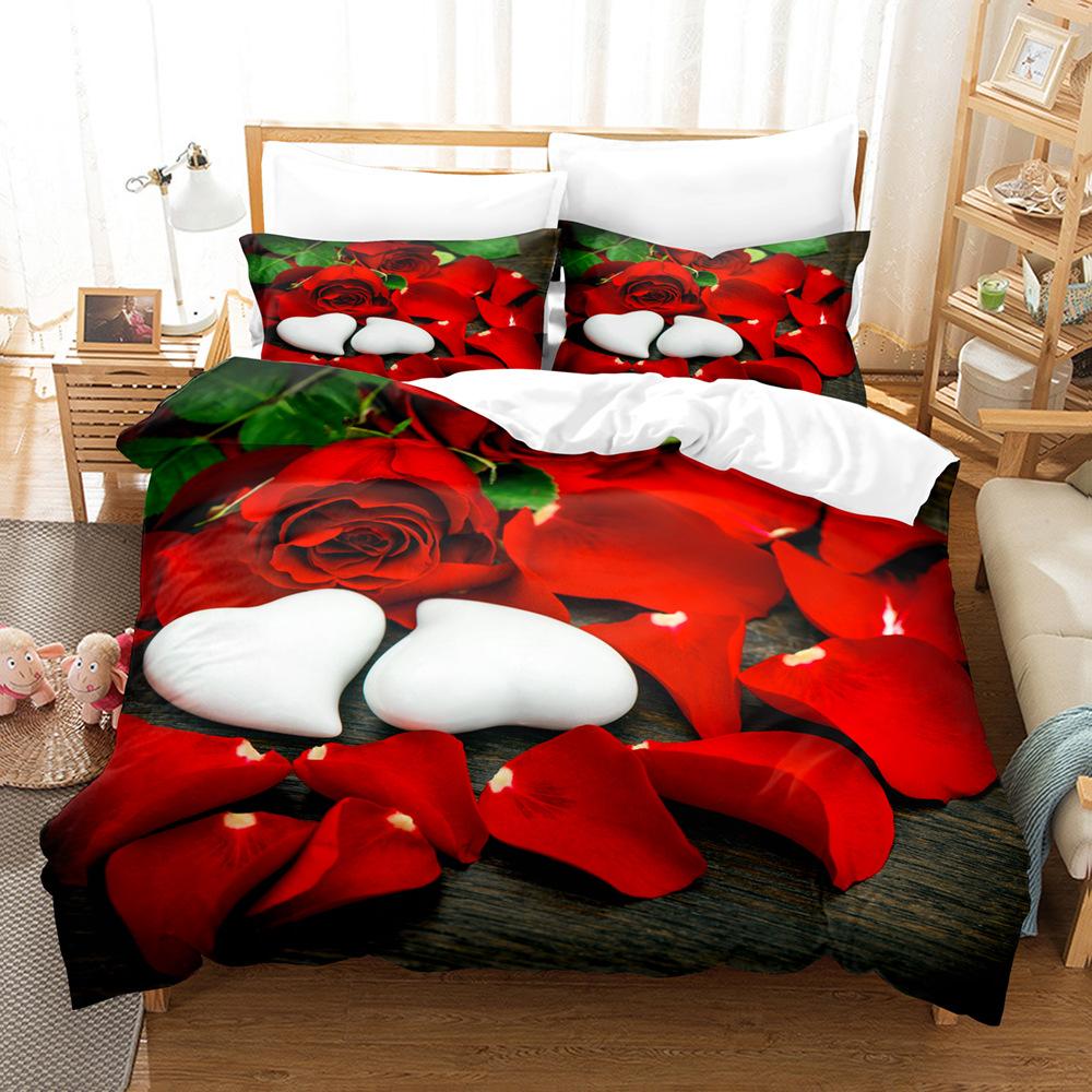 3D Digital Printing Three-Piece Quilt Cover Pillowcase Bed Sheet Quilt Cover Rose Bedding