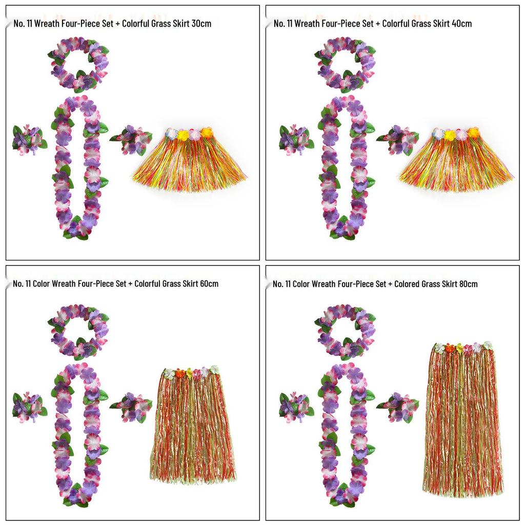 Kaifeng Summer Hawaiian Grass Skirt and Flower Garland Dance Party Set - 5 Pieces (30CM, 40CM, 60CM, 80CM)