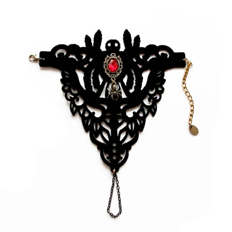 Gothic Black Lace Bracelet with Finger Rings Steampunk Vampire Wristband Halloween Victorian Costume Accessories