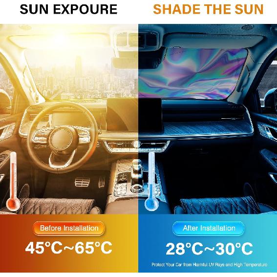 Iridescent Sun Shade for Car Windshield, Foldable Universal Car Windshield Upgrade Sunshade Enhanced UV Rays Reflective Sun Visor Shade Keeps Vehicle