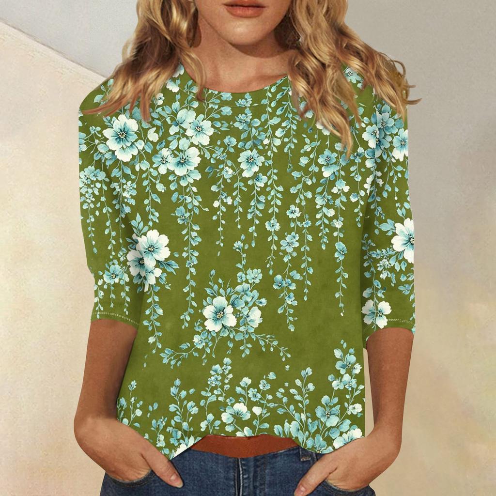 Damen Lässiges Blumenmuster Oberteil Dreiviertelarm Rundhals Bluse Leicht Bequeme Passform Stilvolles Design