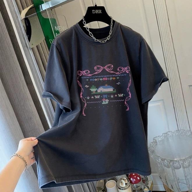 Heavy Cotton Large Size Catties Old Washed Short-sleeved T-shirt Women's Summer European and American Retro Loose Half-sleeved Top Tide