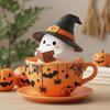 Halloween Ghost Teacup Figurine Witch Hat Reading Ghost Statue Resin Sculpture Home Office Holiday Party Desktop Decoration Ornament