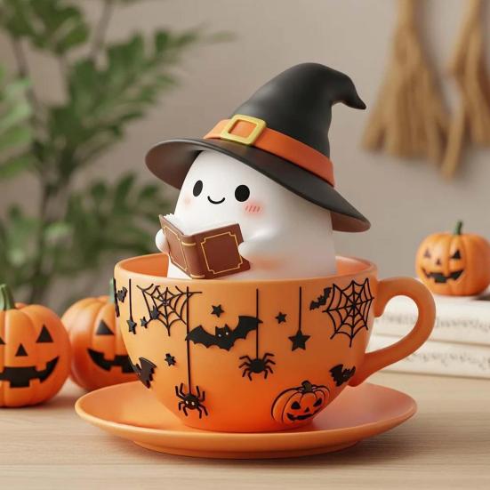 Halloween Ghost Teacup Figurine Witch Hat Reading Ghost Statue Resin Sculpture Home Office Holiday Party Desktop Decoration Ornament