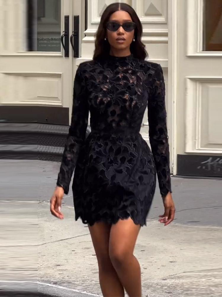 Damen Langarm Durchsichtiges Kleid Damen Blumen Ausgehöhlt Stehkragen Kleid Weihnachtsfeier Geburtstag Rotes Kleid 2025