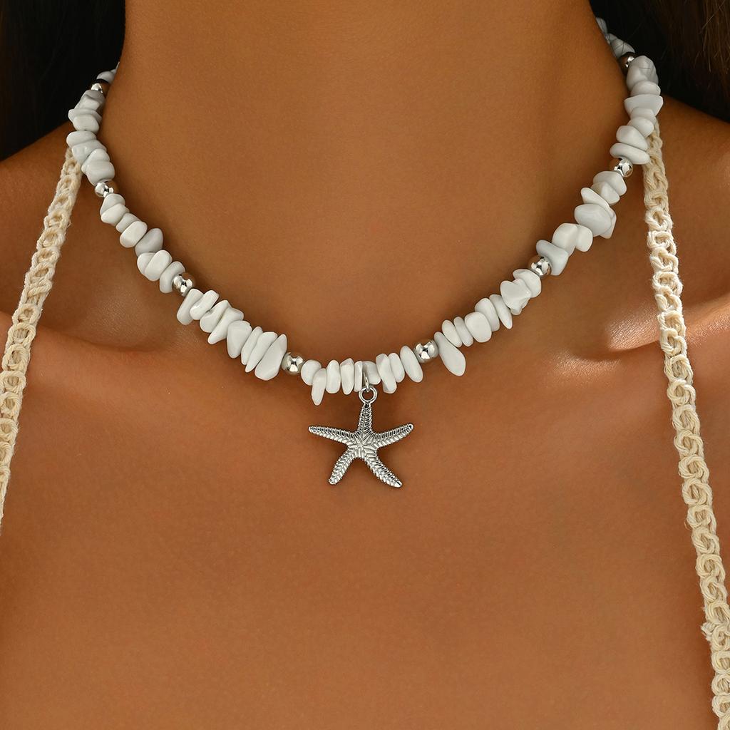Chip Stone Choker Necklace for Women Starfish Pendant Boho Beach Adjustable Multicolor Summer Fashion Jewelry