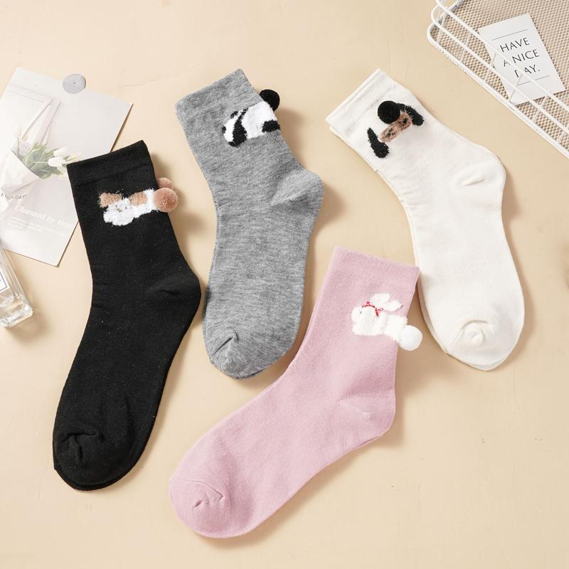 Women's Cute 3D Plush Animal Crew Socks Breathable Cotton Mid-Calf Socks Cartoon Panda Dog Bunny Cat Design Casual Socks for Daily Wear