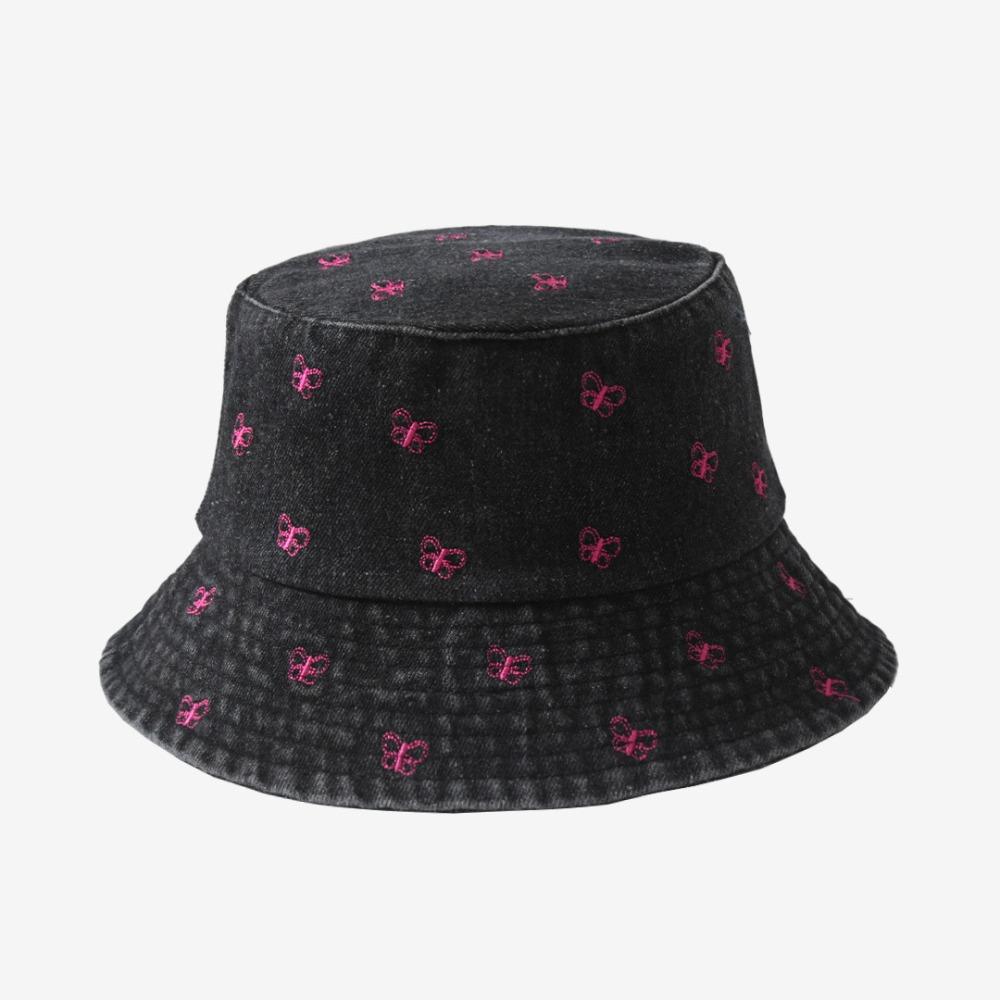 Butterfly Pattern Denim Bucket Hat Wide Brim Sun Hat Breathable Beach Hat  Spring and Summer