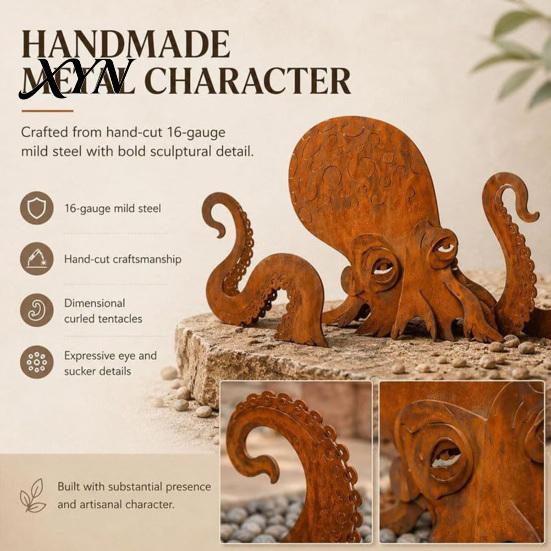 Octopus Garden Ornament Rust Patina Giant Squid Sculpture, 3D Metal Nautical Outdoor Pond Edge Decoration Statue for Patio Lawn Beach House
