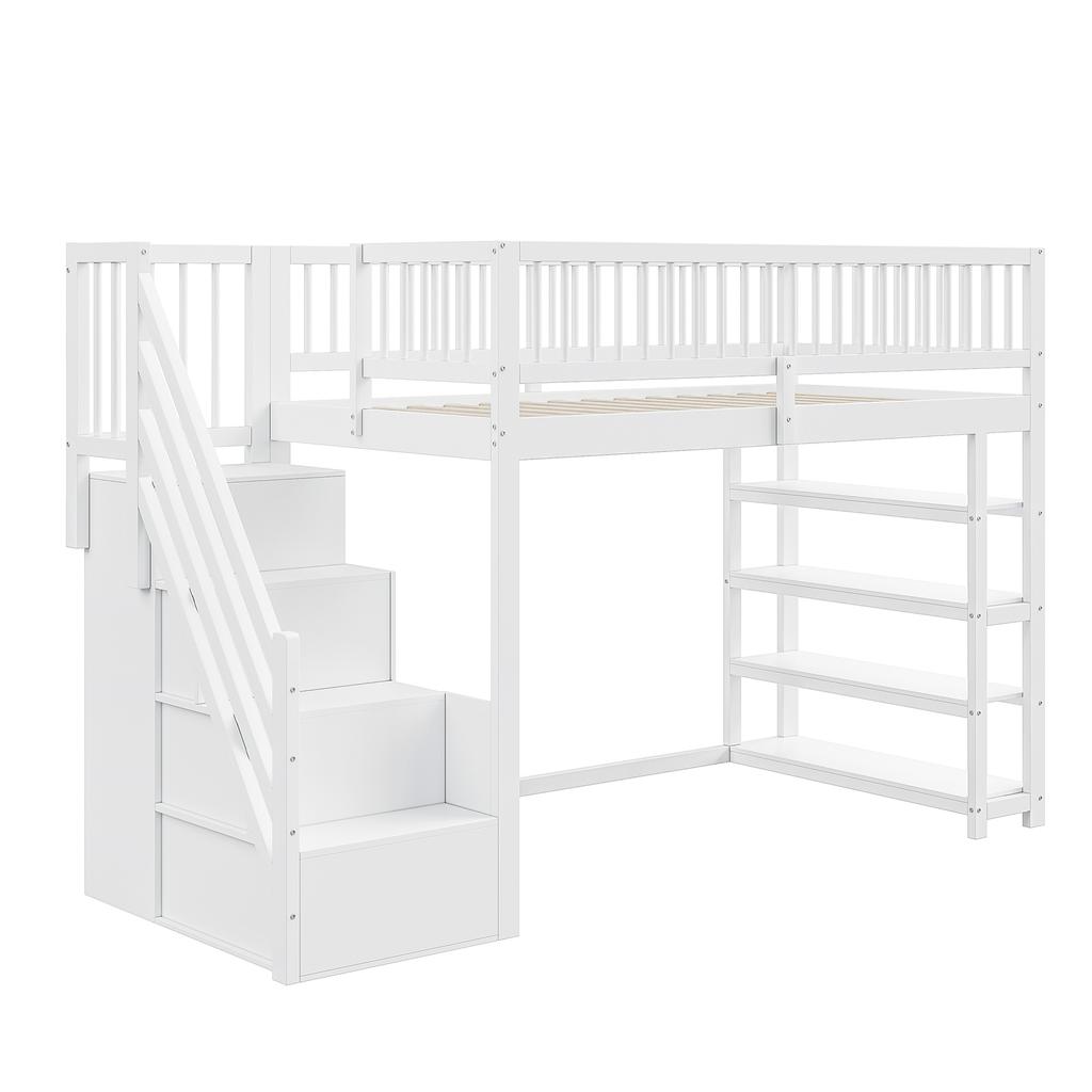 Loft Bed 90 x 200, High-Fence Safety Design with Wardrobe, Shelves and Storage with Safety Climbing Ladder, Multifunctional Bed, Solid Wood Bed, White