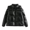 Women Shiny Hooded Puffer Jacket Zip Up Drawstring Loose Short Winter Padded Coat