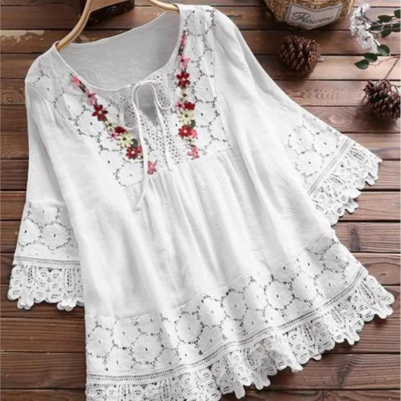 Sommerbluse Damen V-Ausschnitt Spitze Hemd Bluse Elegante Damenmode Lässig Dame Locker Leinenhemden
