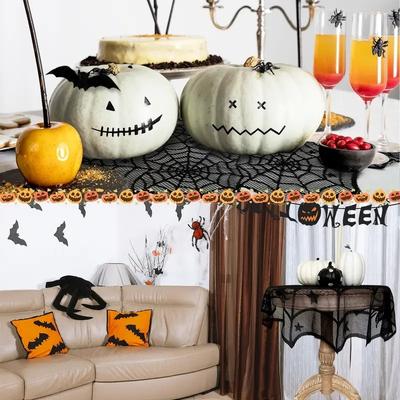 Spider Web Halloween Tablecloth Set with Bat and Spider Design Lace Mantel Cover Table Flag Lampshade Decoration for  Home Decor