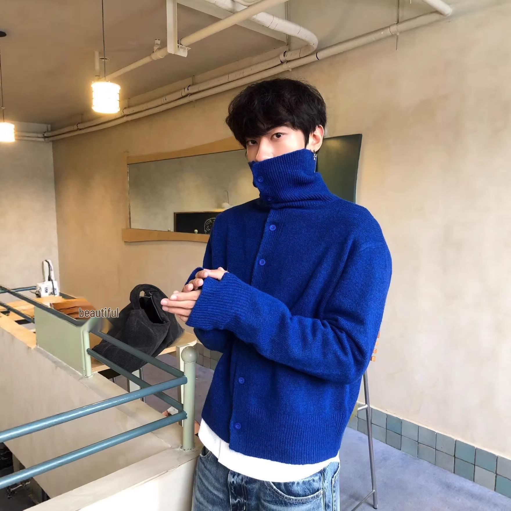 

Men s Retro Coffee Cardigan: Old Money Style, Relaxed Fit, Half-High Neck Knitwear for Spring/Autumn XL синій