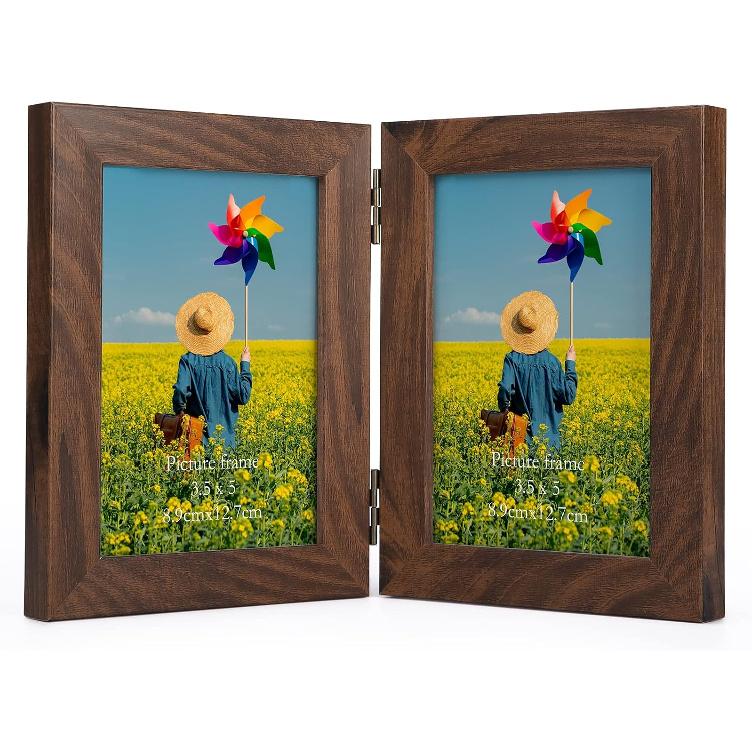 Lyeasw 3.5x5 Picture Frame Double Hinged, Classic Two Opening 3.5 by 5 Family Dual Photo Frame with Glass, Black Folding Free-Standing Vertical Frame