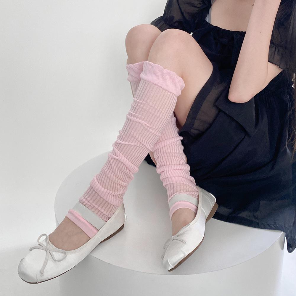 Korean Style Vertical Stripe Arm & Leg Warmers Set - Sun Protection & AC Friendly Solid Color Mid-Calf Socks