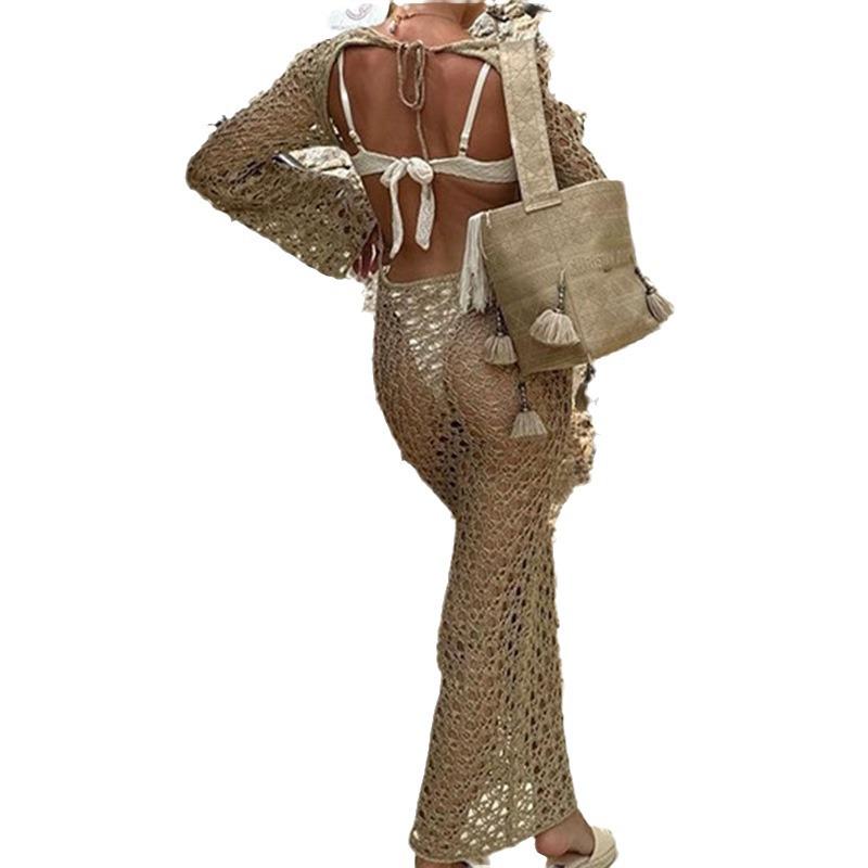 Women's Sexy Hollow Long-Sleeve Round Neck Vacation Beach Cover-Up Dress