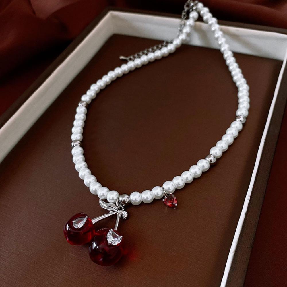 Pendant Cherry Necklace Heart Crystal Ear Studs Exquisite Cherry Jewelry Set  Gift