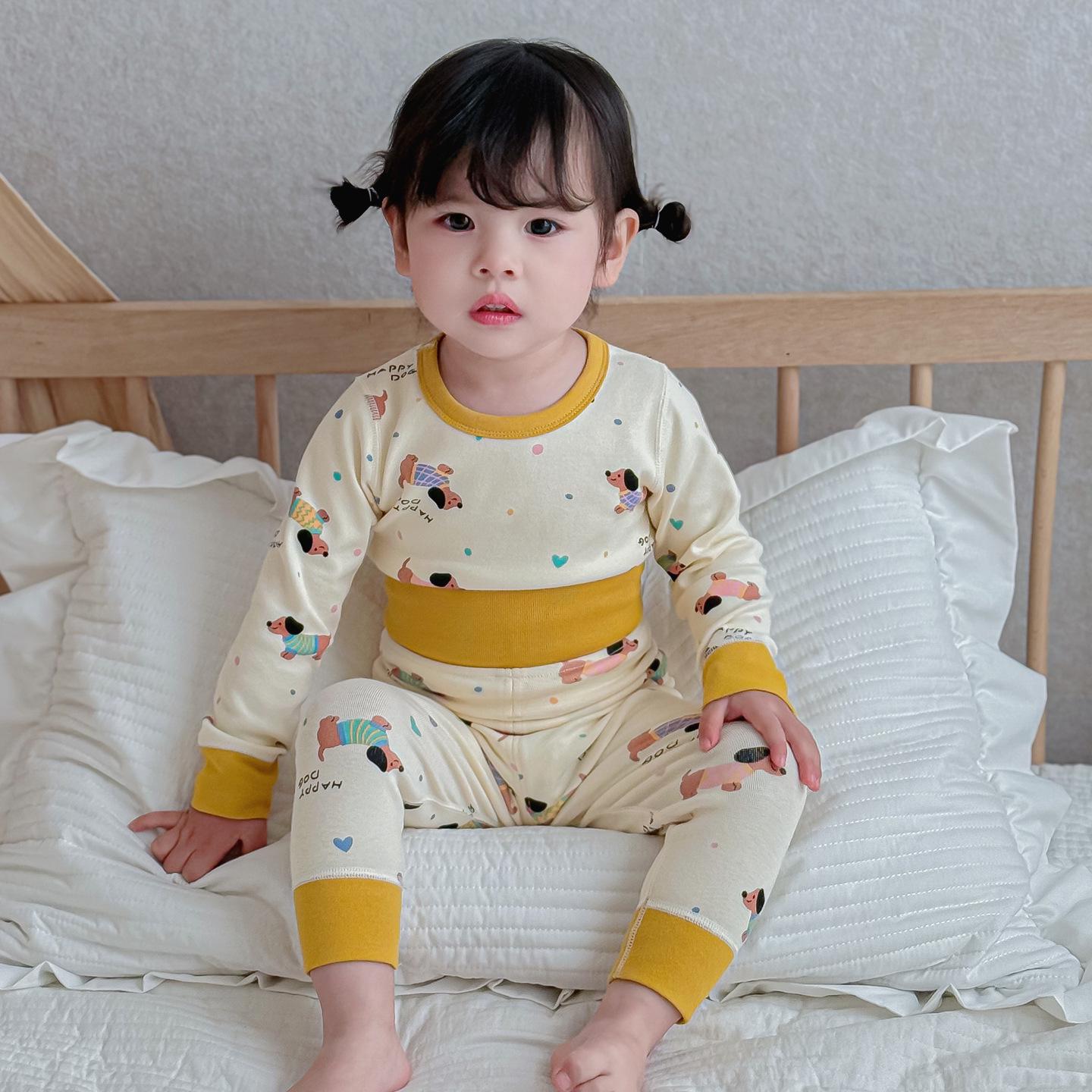 

High-Waisted Cotton Toddler Pajama Set: Autumn & Winter Children s Belly Protection Slim-Fit Homewear Size 90 (Open crotch, Height ~80cm)