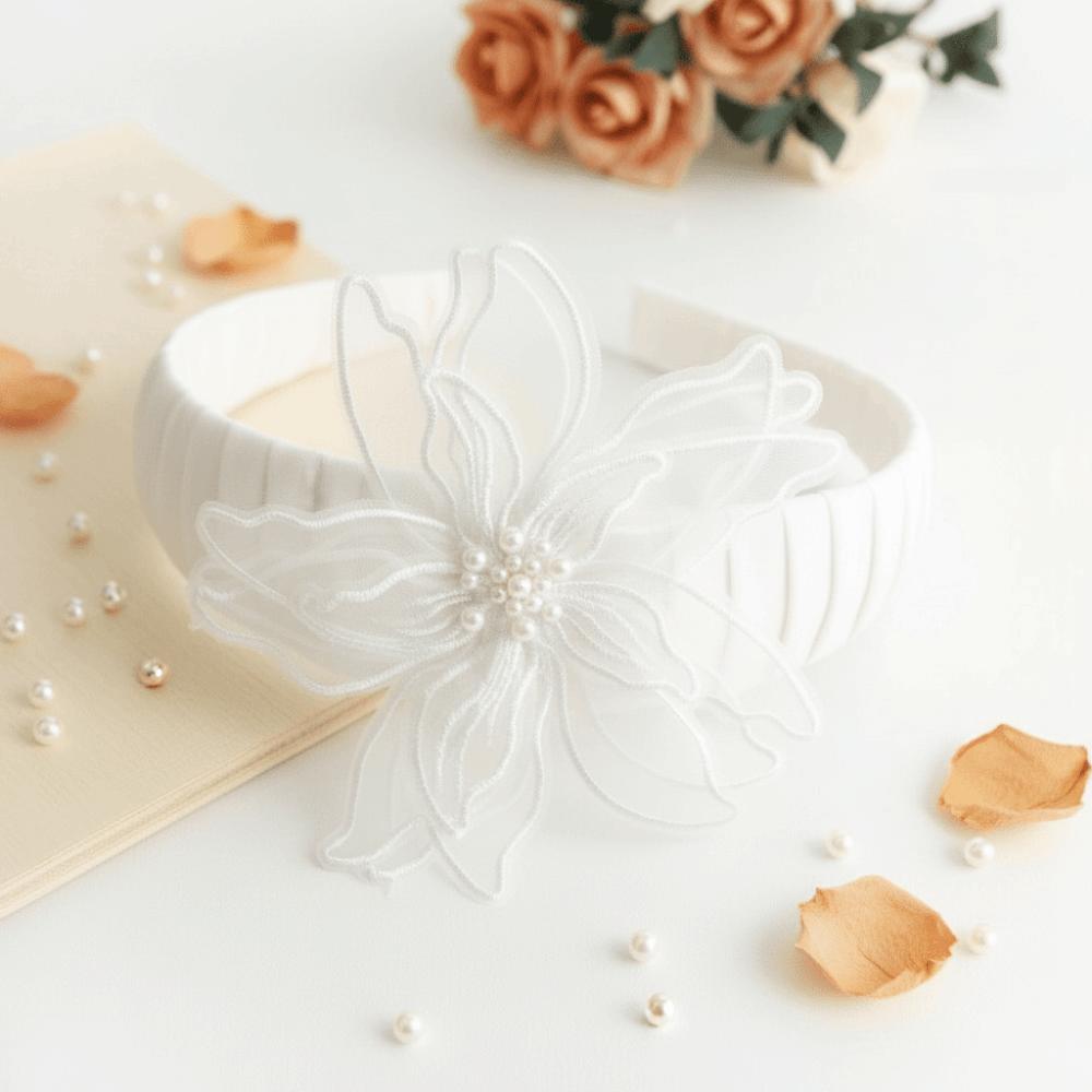 White Mesh Flower Embroidery Patches Pearl Stamen Applique Sequin Embroidery Patches Handmade Fabric Patches Evening Dress