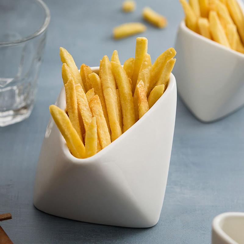 White Porcelain French Fry Holder Ceramic Fries Scoop Cup Box For Parties Events And Takeout Snack Dipping Bowl Hotel Tableware