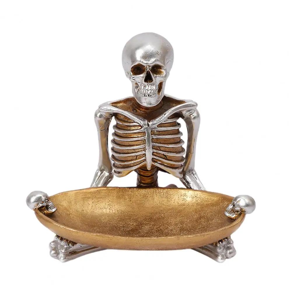 

Skull Storage Tray Halloween Scary Skeleton Candy Bowl Resin Skull Fruit Snack Serving Tray Vintage Jewelry Dish for Party золотистий