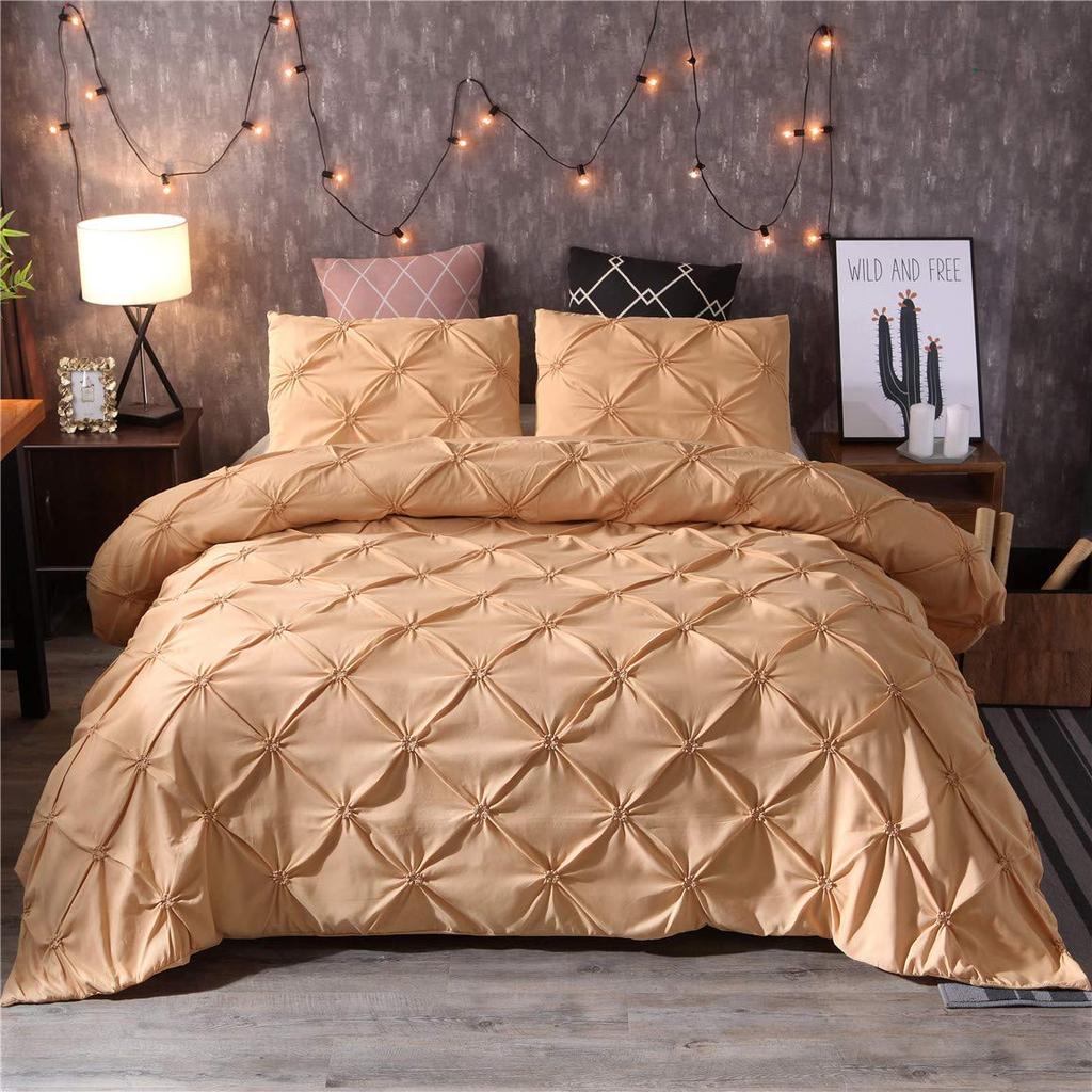 Feelyou Raffung Bettbezug Set King Size Lila Pinch Pleat Bettbezug Tuft-Design Bettwäsche Set Reißverschluss Weiches Polyester Bettdeckenbezug mit