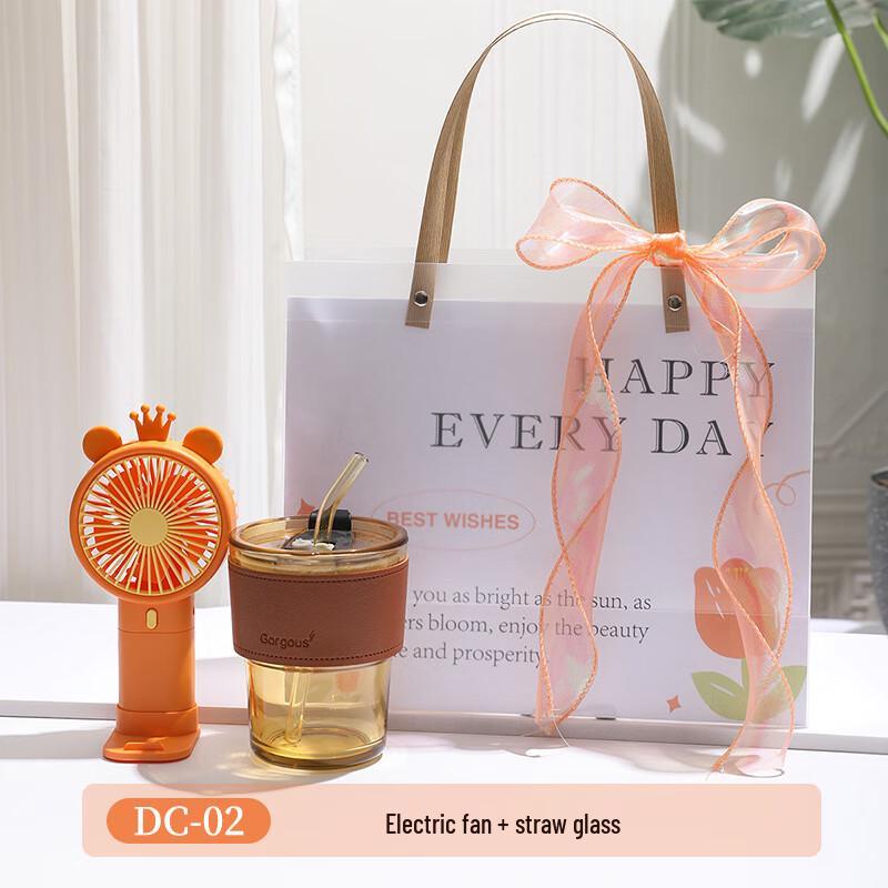 Portable Mini Fan & Glass Straw Cup Gift Set DC-02 Small Fan + Glass Straw Cup