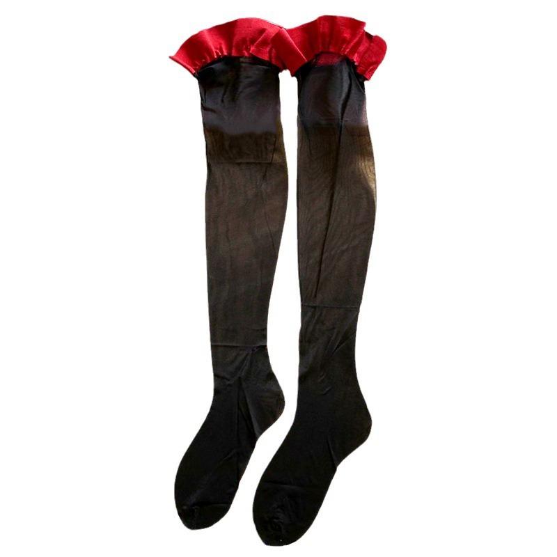 Color-Block Shiny Long Stockings For Women With Red Edges, Black Silk, Aurora Silk, High Tube Sexy Thigh-High Socks, Over-The-Kn