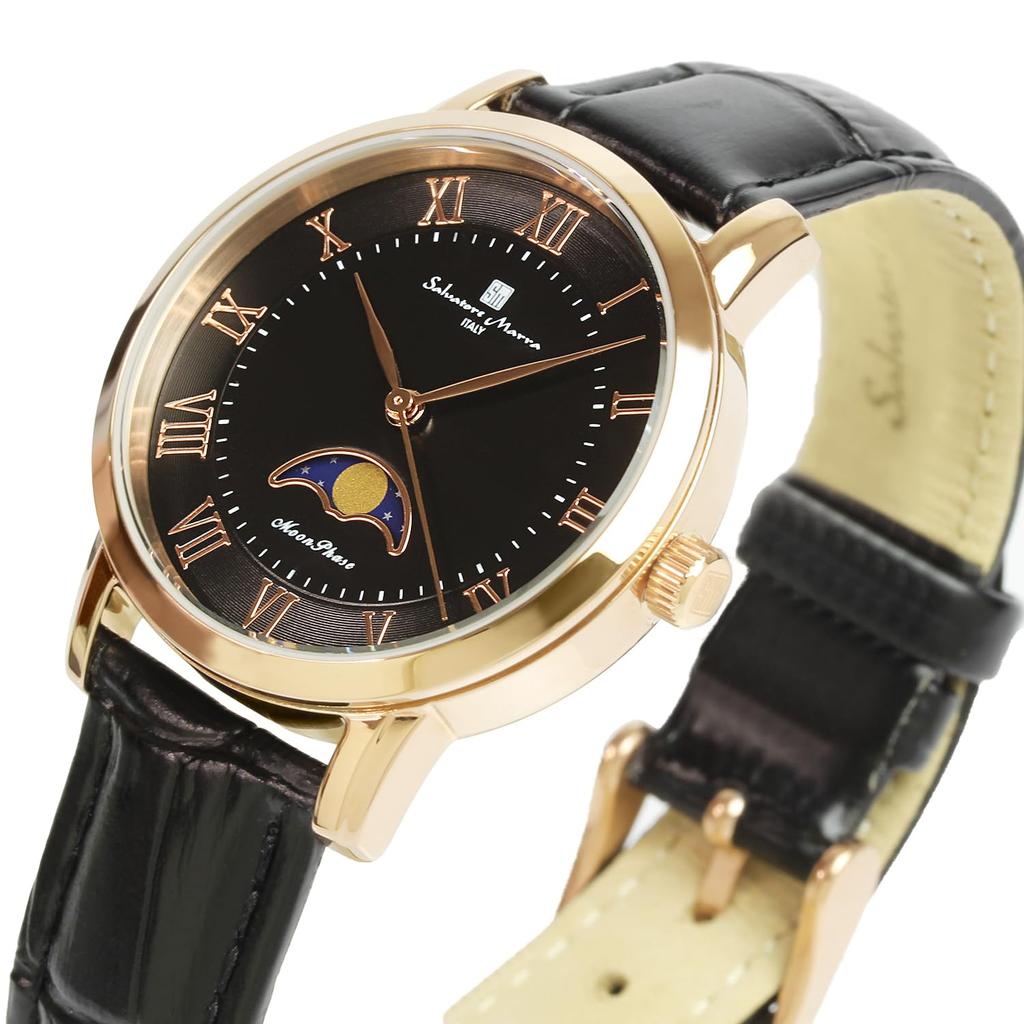 Moon Phase 5 ATM Water Leather Limited Pink Gold with Black [Salvatore Marra] Women's Watch, Resistant, Business/Formal Style, Strap, Edition,
