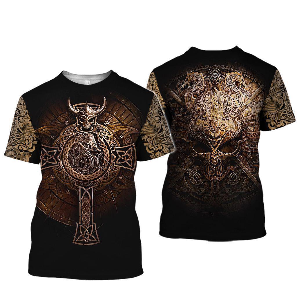 Summer Round Neck 3D Viking Tattoo Print Top Fashionable Casual Short Sleeved Men's T-shirts
