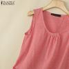 ZANZEA Womens Casual Round Neck Loose Sleeveless Grid Print Vest Tops
