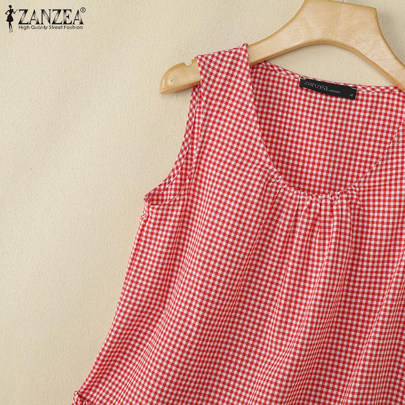 ZANZEA Womens Casual Round Neck Loose Sleeveless Grid Print Vest Tops