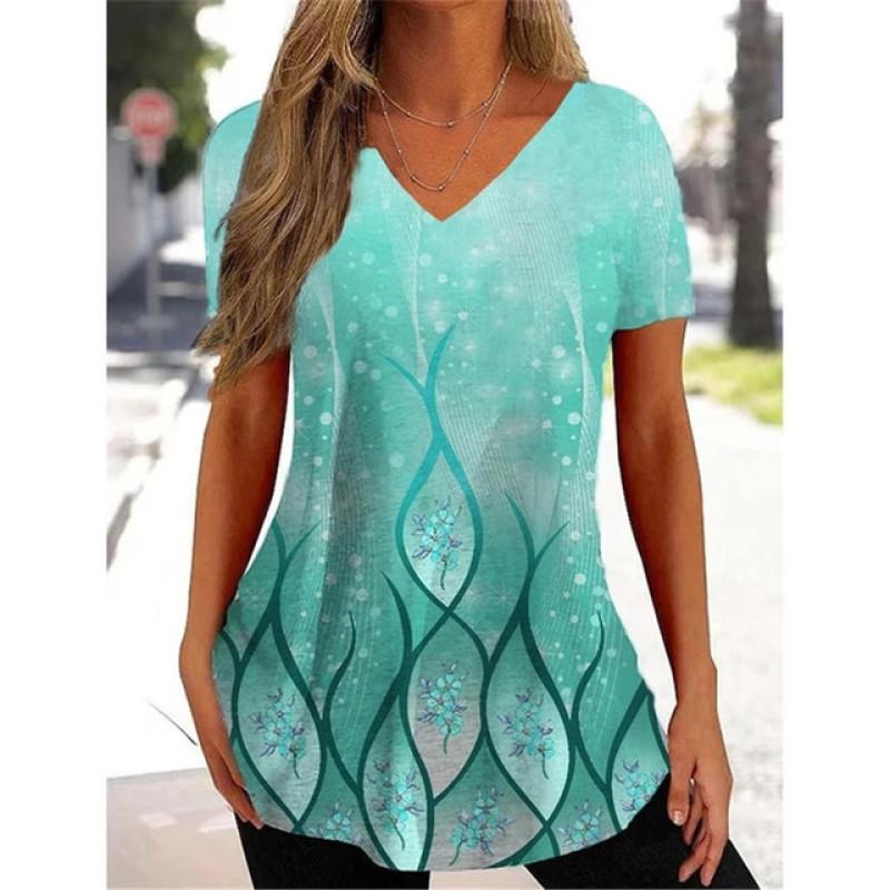 Simple Curve Digital 3D Print Fashion Women Tshirt Pullover Daily Suitable All Seasons Splicing Short Sleeves Polyester V-Neck