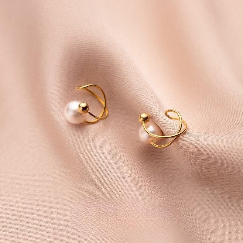 Crossed Highlighted Pearl Ear Clip Without Ear Piercing - A Unique Design Ear Bar Clip with Minimalist Style - Luxurious Ear Jewelry