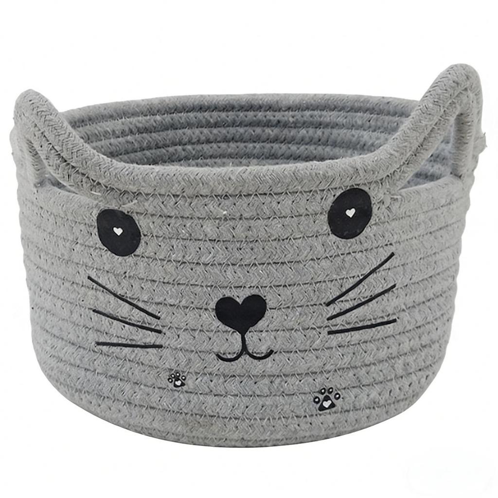 Cartoon Woven Cotton Rope Storage Basket for Cat, Remotes, Sundries, and Cosmetics