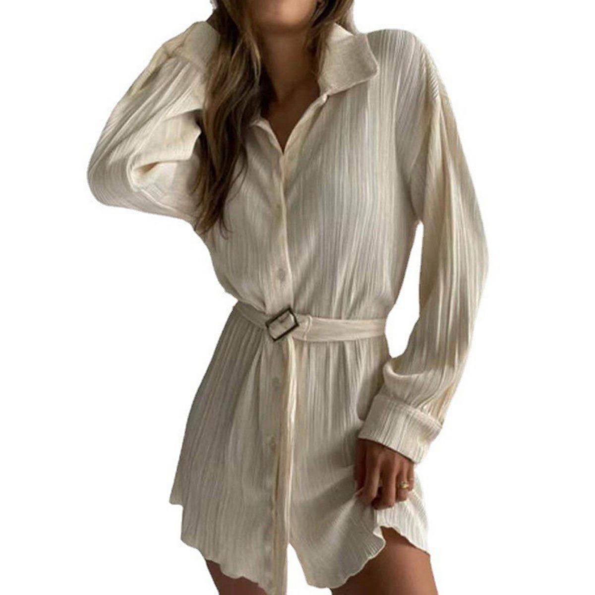 

Women s New Arrival Shirt Collar Long Sleeve Dress Elastic Waist Ruched Tie Waist Fashion Casual Dress 3XL білий