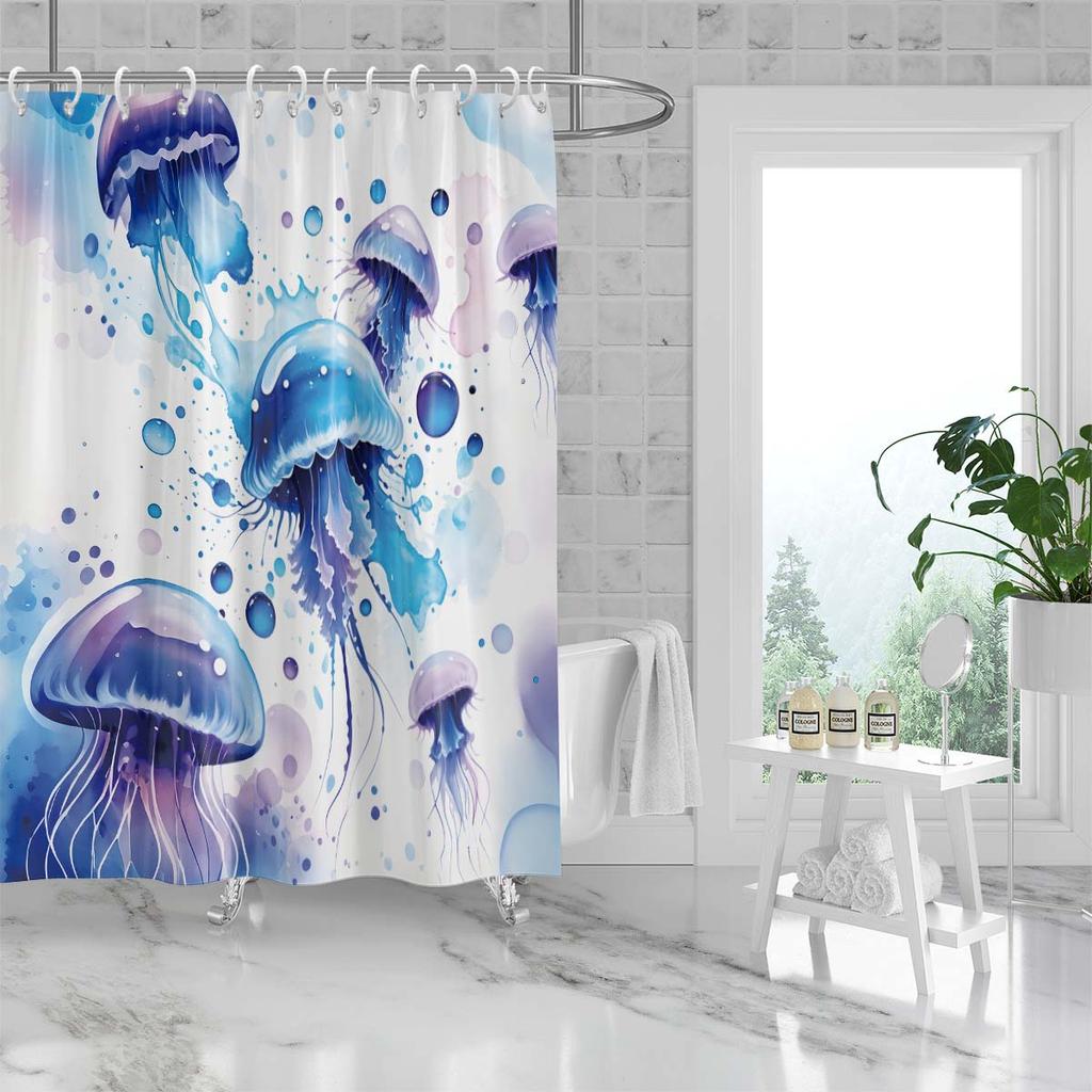1PC Watercolor jellyfish pattern printed shower curtain, waterproof, with 12 hooks, bathroom showers, bathtub, home use