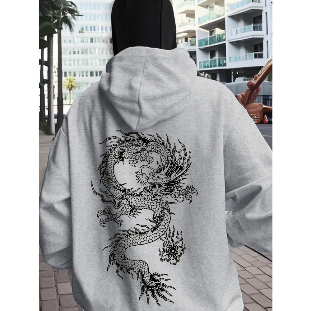 Men's and Women's Fashionable White Dragon Print Hooded Sweatshirt with Mask