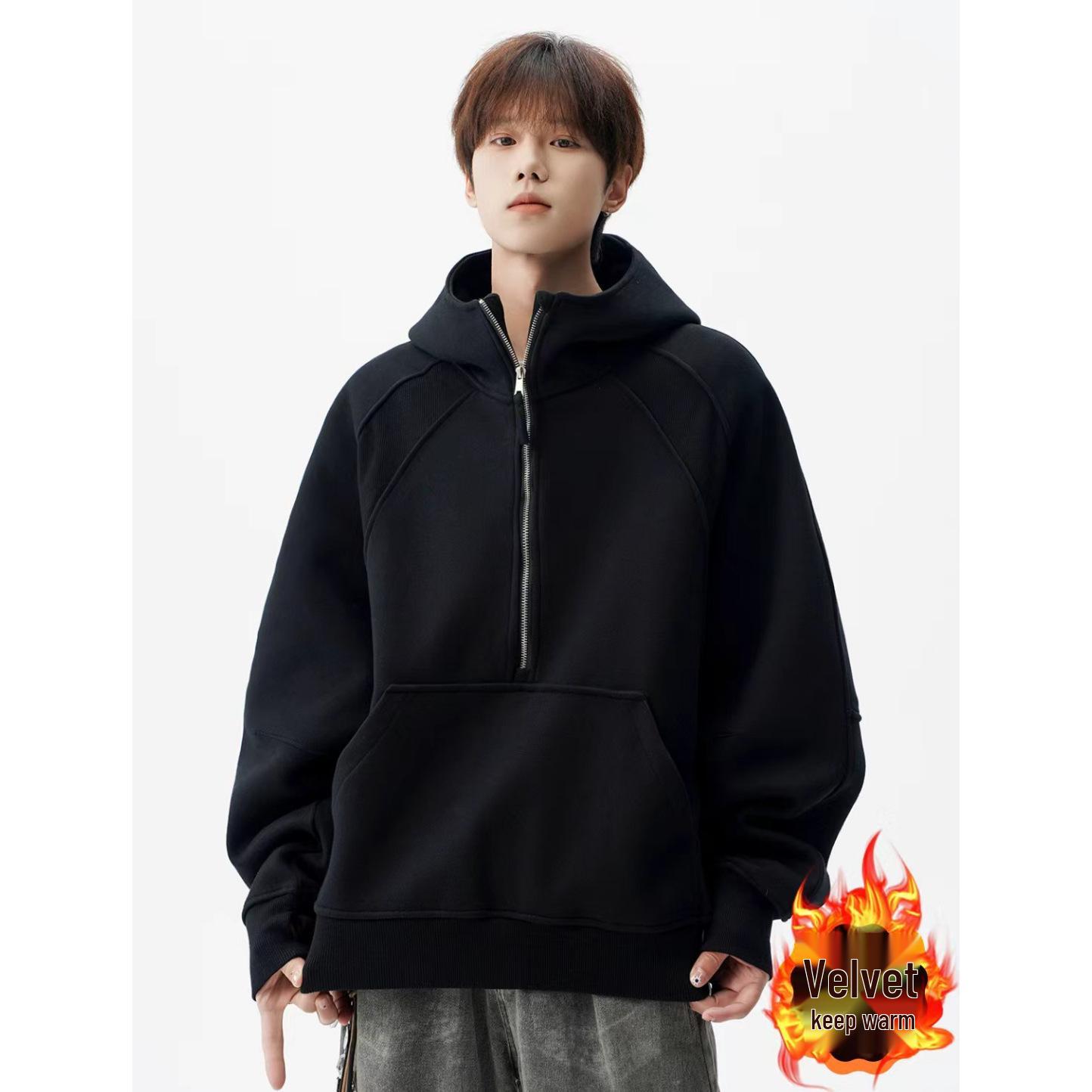 Men s Heavyweight High Street Half-Zip Hoodie - Autumn/Winter Casual Loose Fit Sweatshirt L