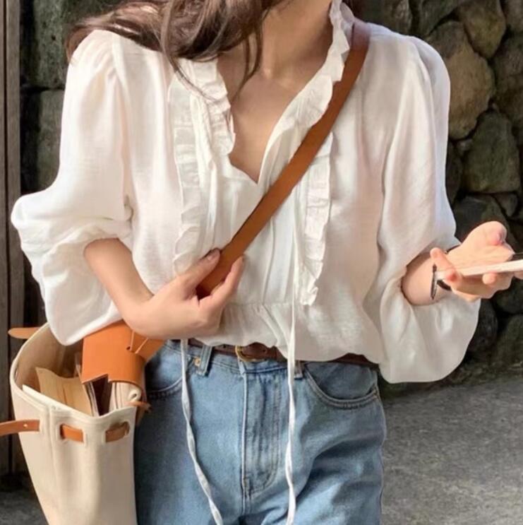 Autumn 2025 Women's Korean Ruffle Tie-Up Puff Sleeve Loose Shirt