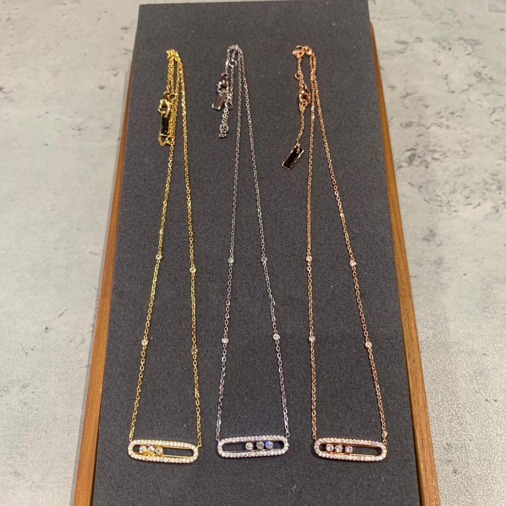 European-Style Gold-Plated S925 Silver Diamond Paperclip Necklace with Three Movable Beads