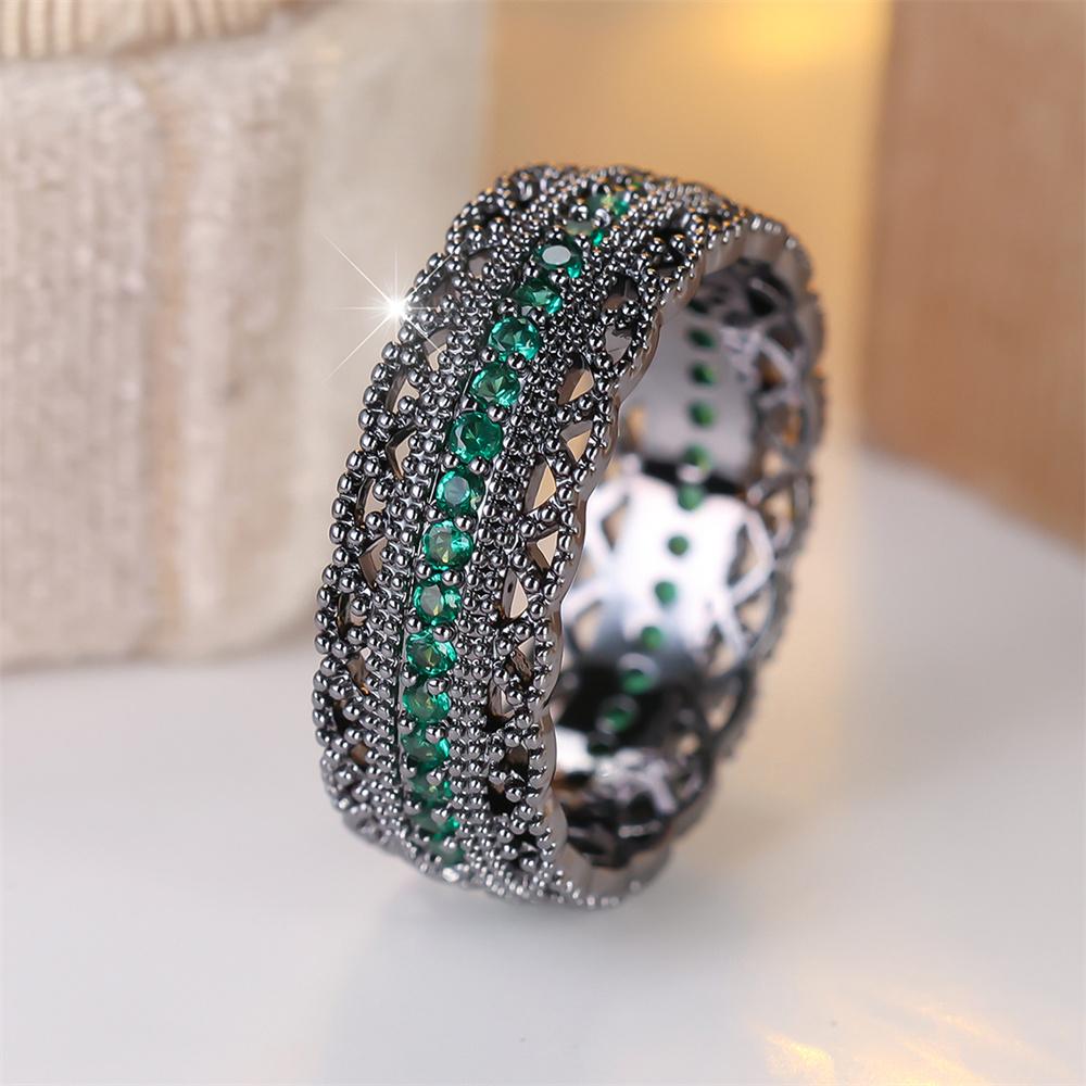 Single Row Green Zircon Small Round Stone Rings For Women Vintage Trendy Black Metal Engagement Ring Wedding Jewelry Bridal Gift