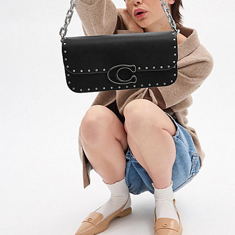 Coach Idol 23 Studded Magnetic Closure Leather Tote Shoulder Crossbody Bag Medium Women Bags Black CU038-LHBLK