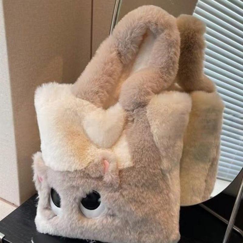 Creative Cartoon Cat Women's Plush Bag Large Capacity Embroidery Tote Bag Simple Fashion Soft Shoulder Bag for Autumn Winter